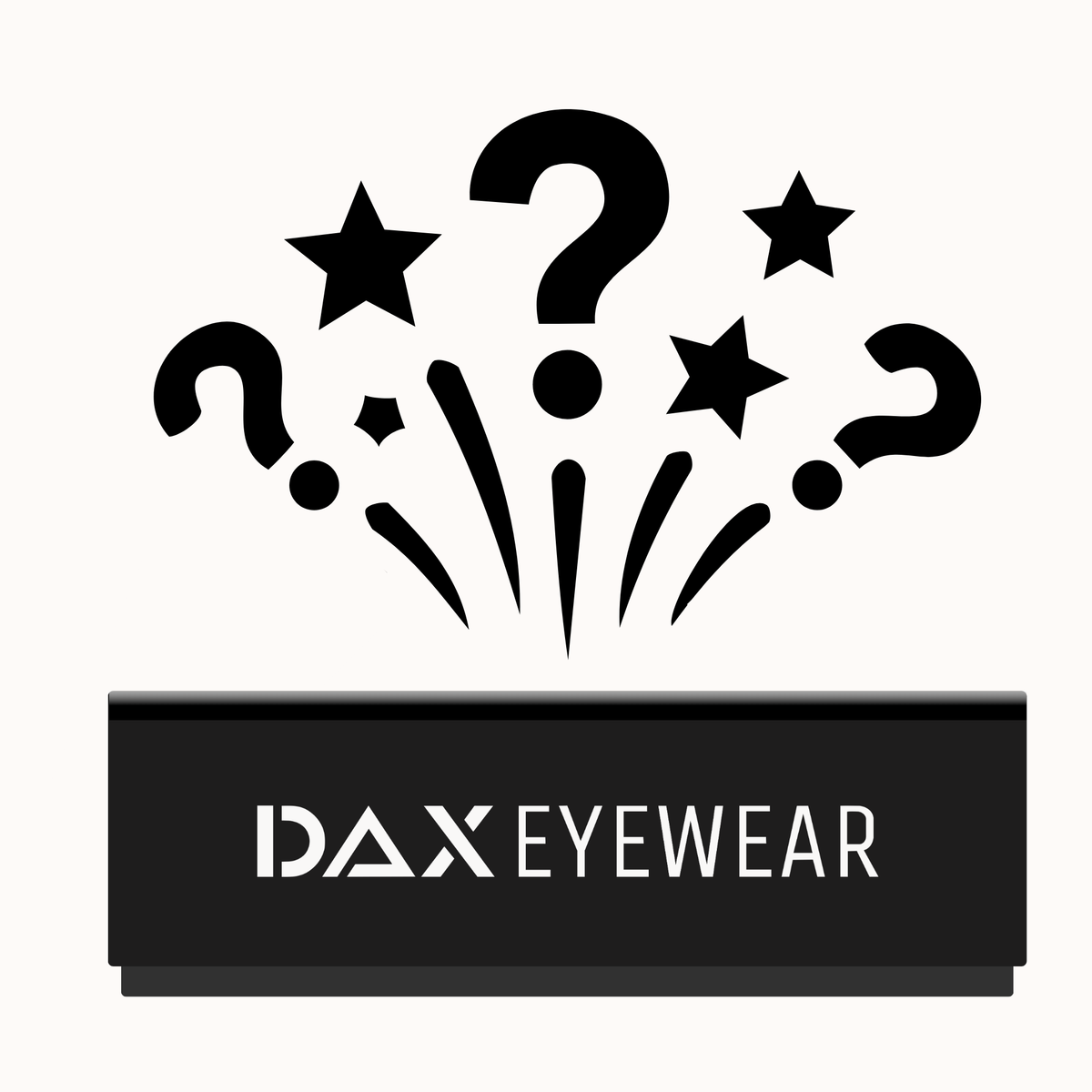 A black rectangular box with the brand name 'DAX EYEWEAR' in white, shown below a black graphic of question marks and stars rising upward on a light off-white background.