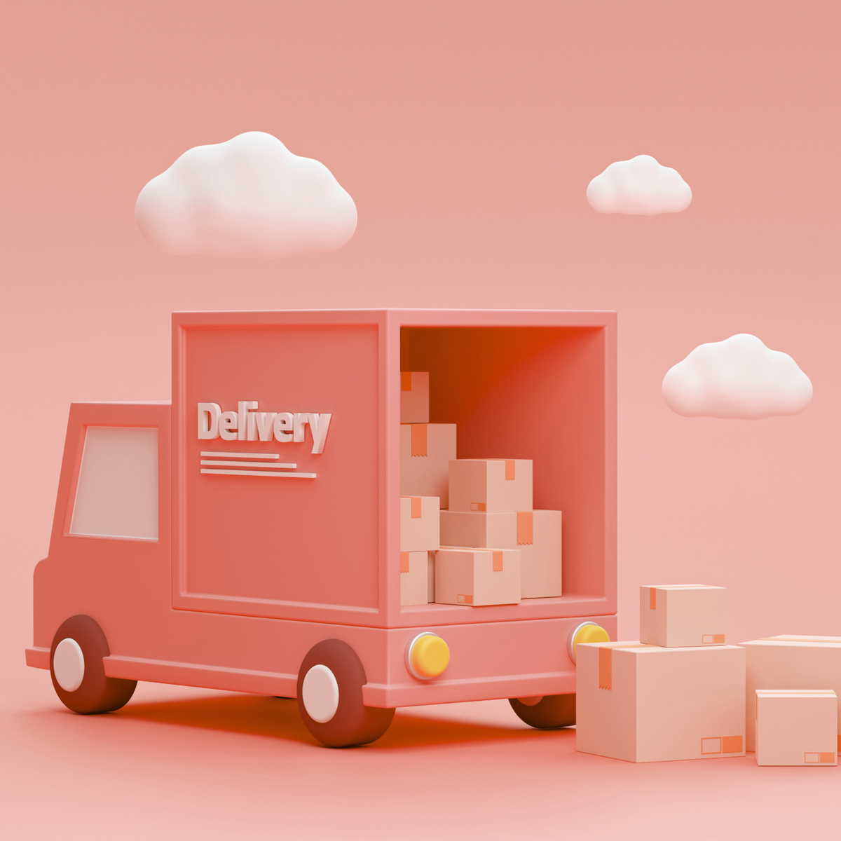 A stylized pink delivery truck with the word 'Delivery' on the side, shown with stacked cardboard boxes inside and several boxes outside, set against a matching pink background with floating clouds.