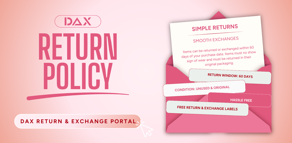 A pink promotional graphic for DAX Return Policy, showing a pink envelope with a white card labeled 'Simple Returns' and text about return window, condition, labeling, and hassle-free exchange.