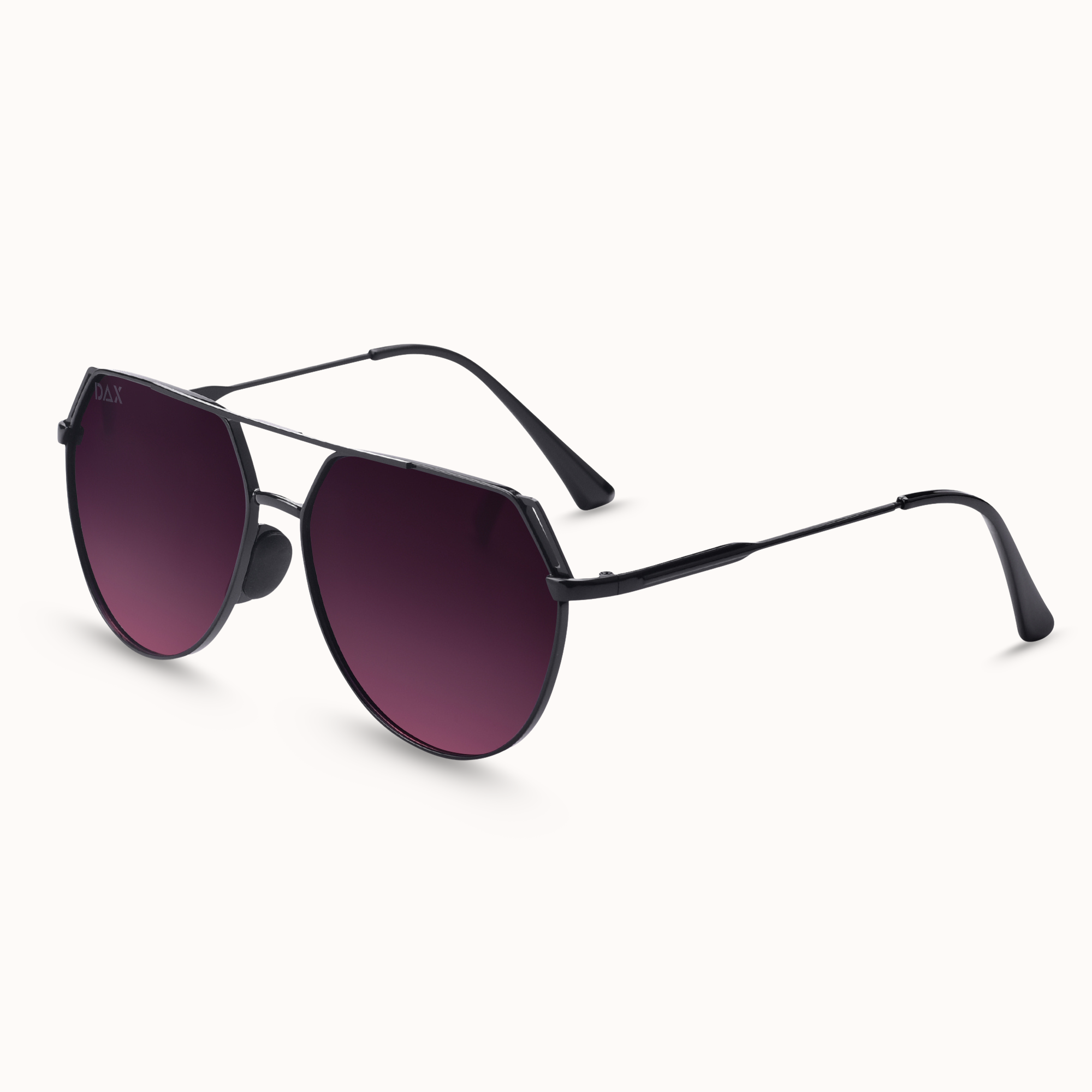 Black sunglasses with purple gradient lenses on a white background