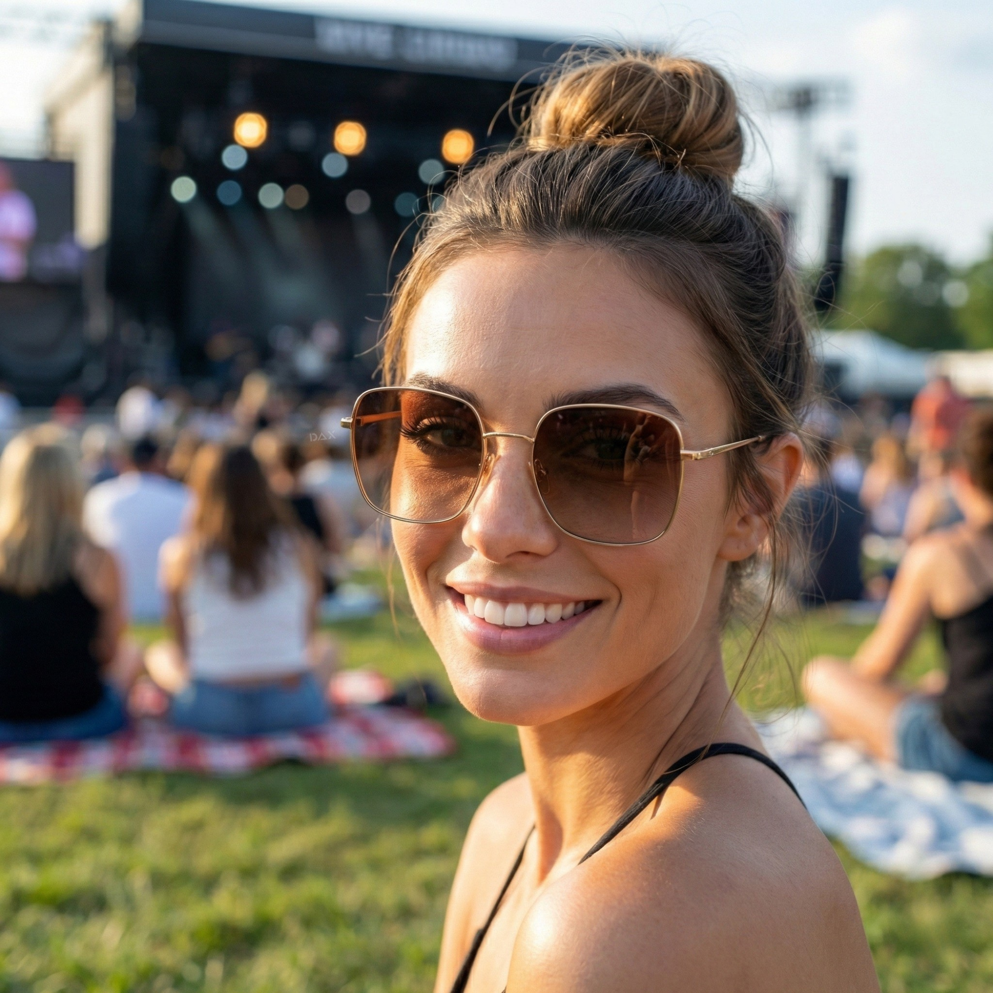 Woman wearing sunglasses at a music festival with a crowd in the background