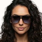 Woman wearing sunglasses with a neutral background
