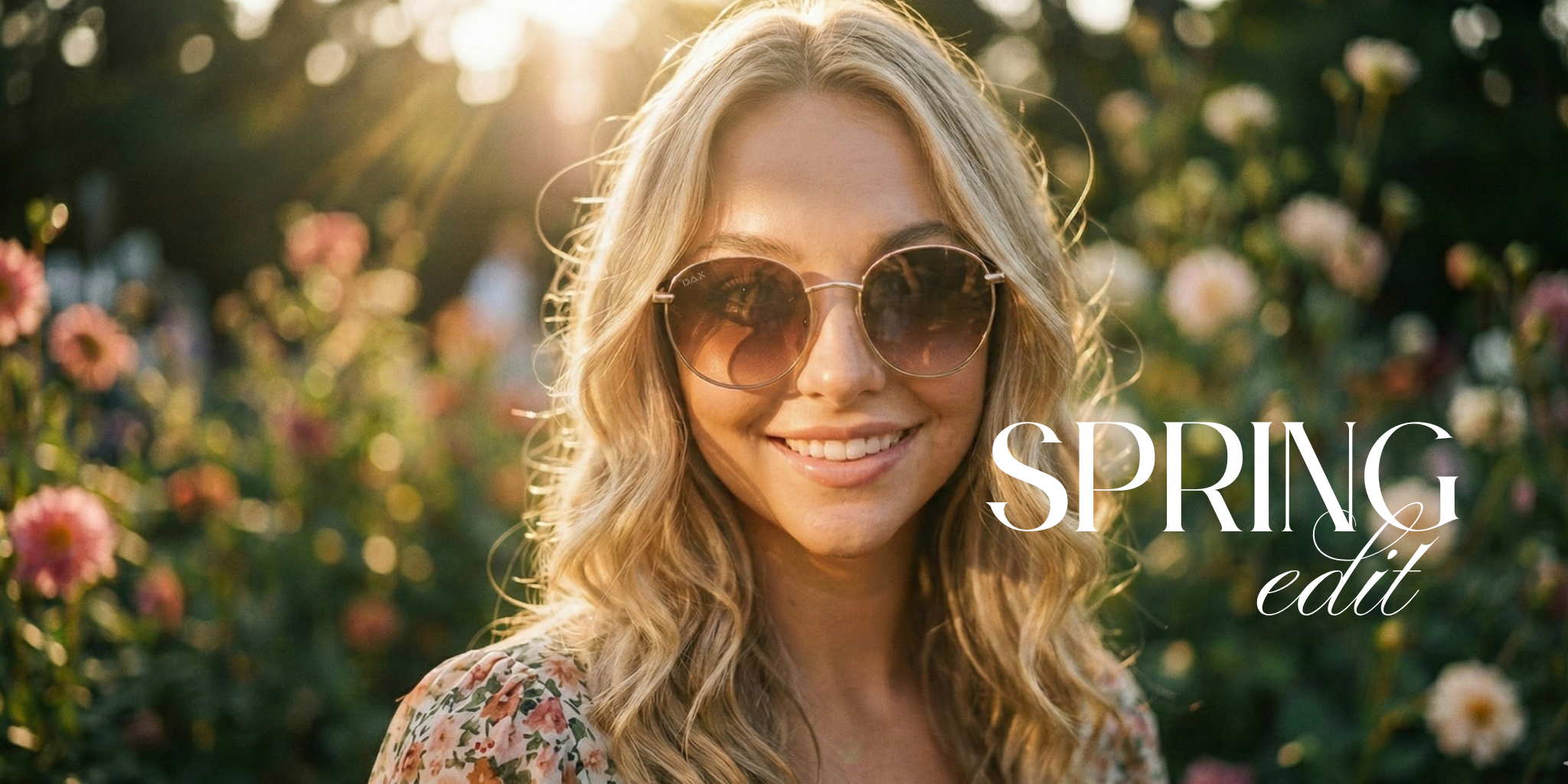 Woman wearing sunglasses in a field of flowers with 'Spring edit' text overlay
