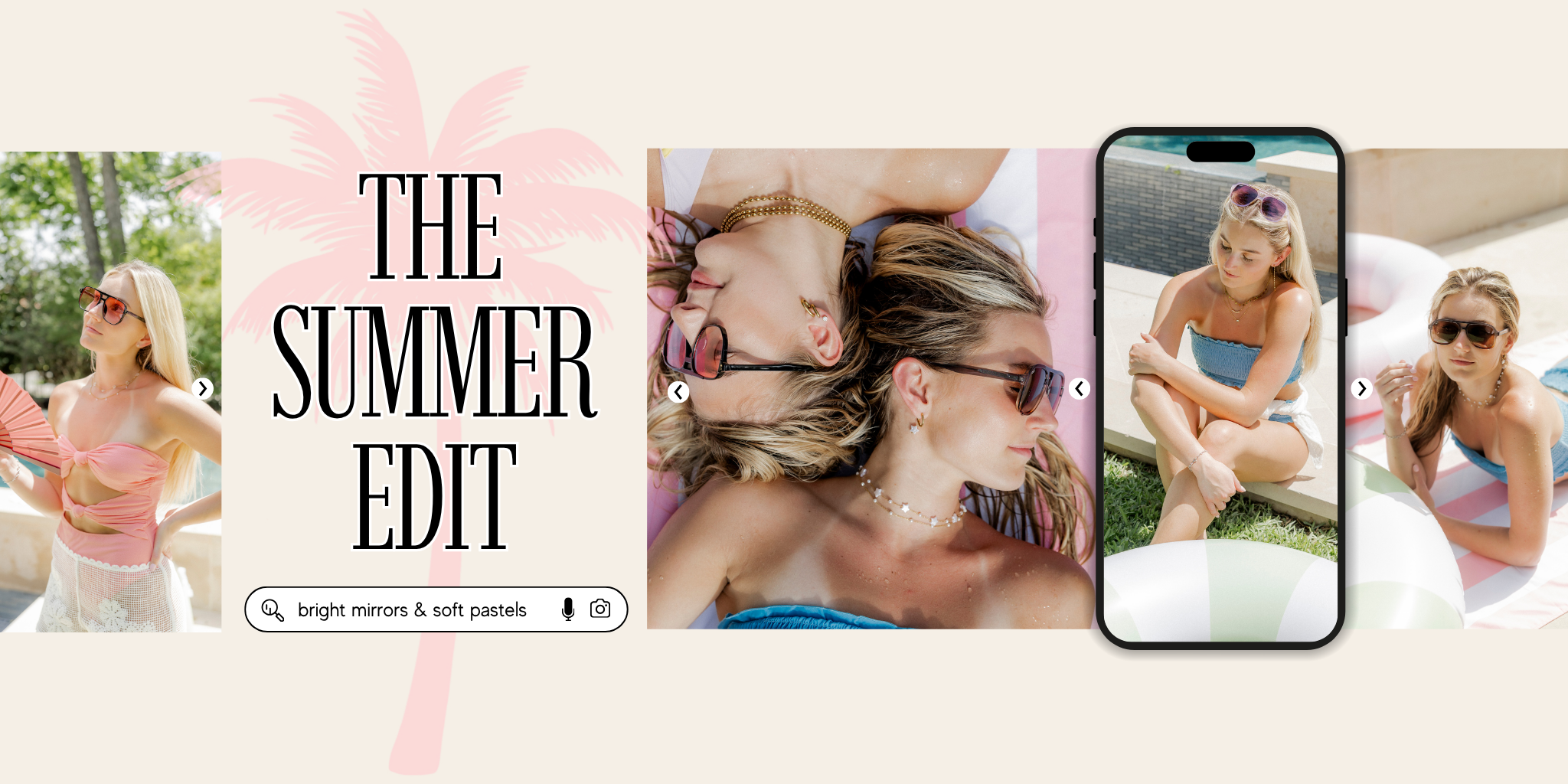 Promotional banner for 'The Summer Edit' with two women in swimsuits and a phone displaying the same scene.